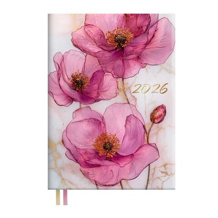 Ежедневник дат. 2026г А6 176л., кожзам, мягк.пер. "Розовый мак" тисн.фольгой, ляссе