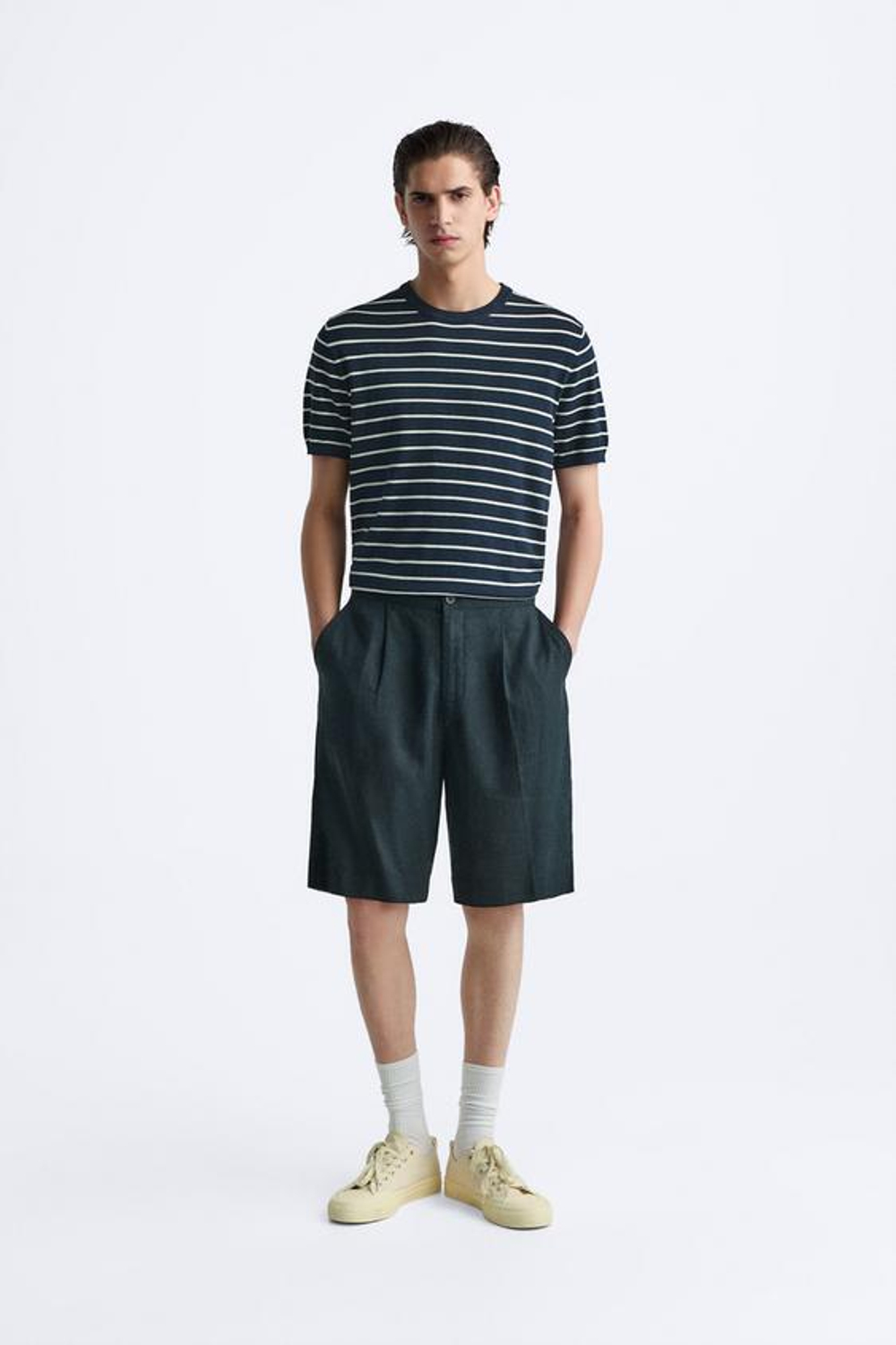 ZARA ФУТБОЛКА ИЗ СМЕСОВОЙ ВИСКОЗЫ, ТЕМНО-СИНИЙ/БЕЛЫЙ