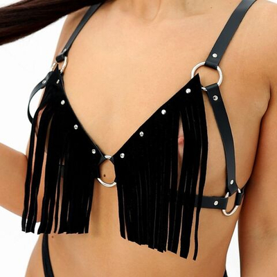 Бюстгальтер с бахромой из замши (Размер: S-M) (Цвет: черный)