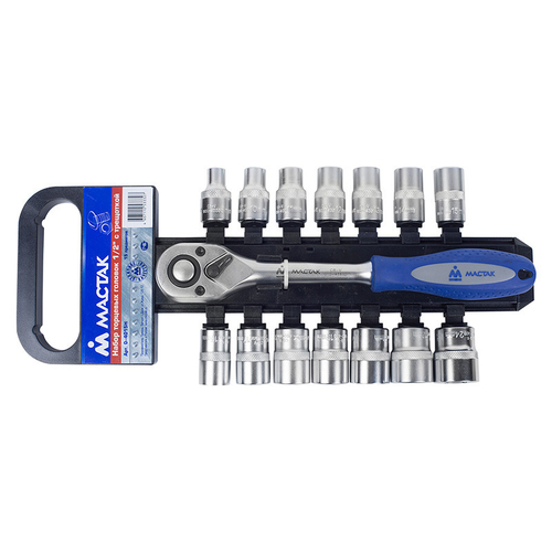 МАСТАК (0-4015H) Набор торцевых головок с трещоткой 1/2", 6-гранные, 8-24 мм, 15 предметов