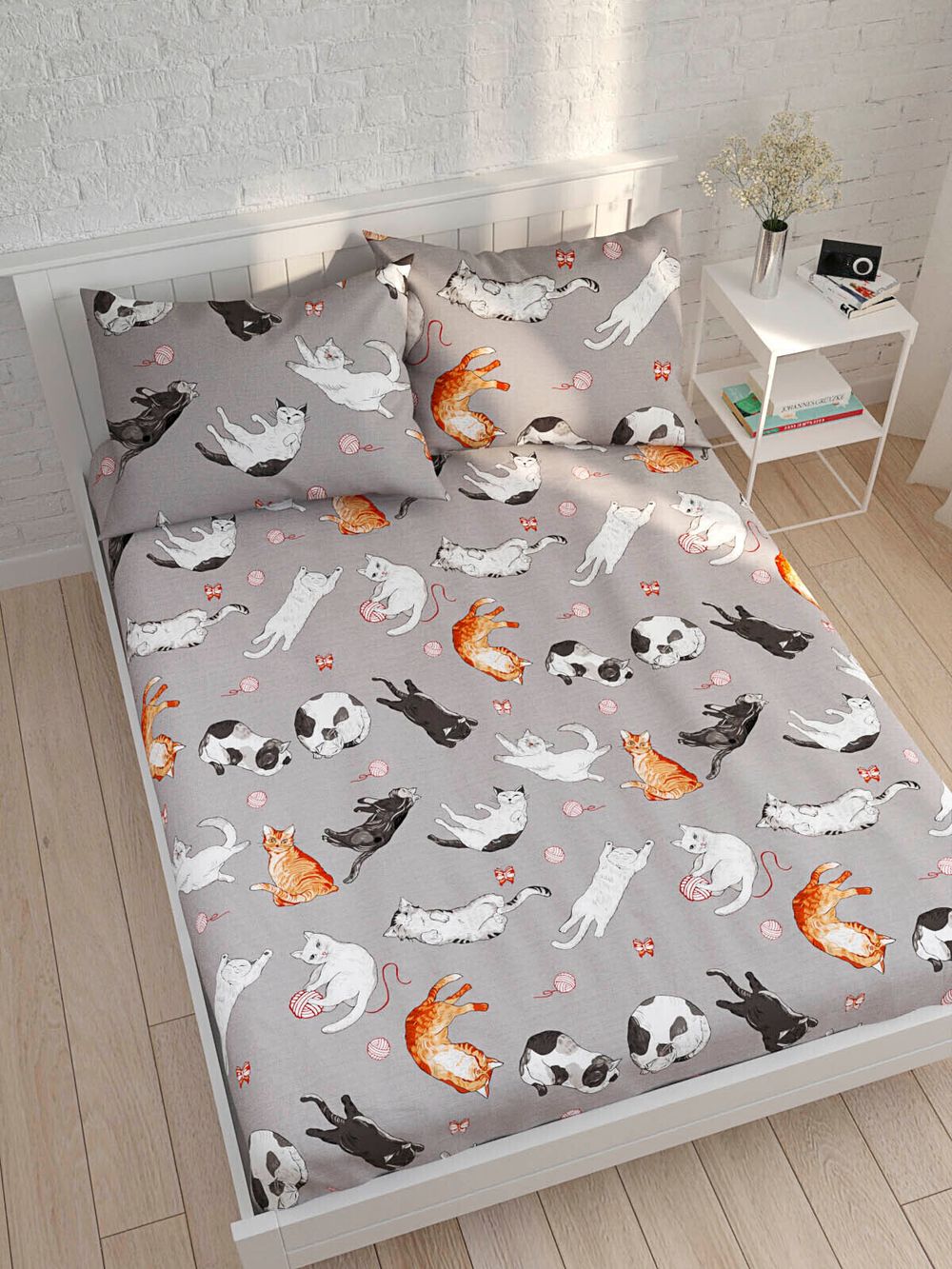 Постельное белье перкаль Сказка "Kitties" семейное Наволочка 50x70 см 2 шт Простынь на резинке 160x200 см Пододеяльник 145x215 см 2шт