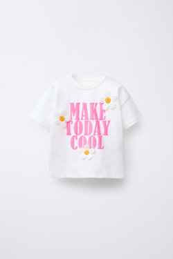 ZARA ФУТБОЛКА С НАДПИСЬЮ И ЦВЕТОЧНЫМИ АППЛИКАЦИЯМИ, БЕЛЫЙ