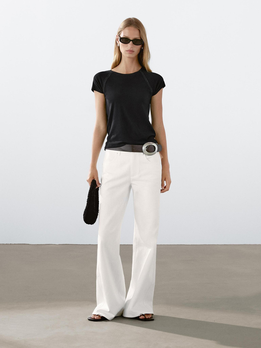 Massimo Dutti Футболка с коротким рукавом и контрастной строчкой, черный