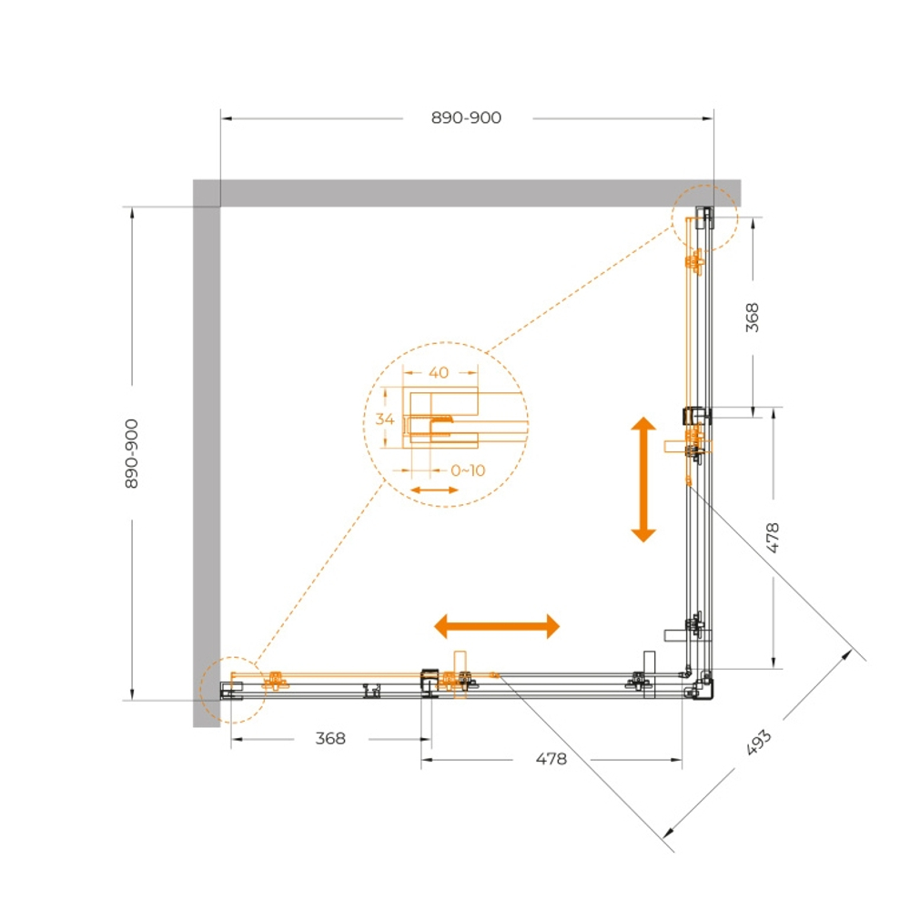 Душевой уголок Cezares PLANE-A-2-90-C-BORO, 90х90х195, профиль брашированное золото, стекло прозрачное