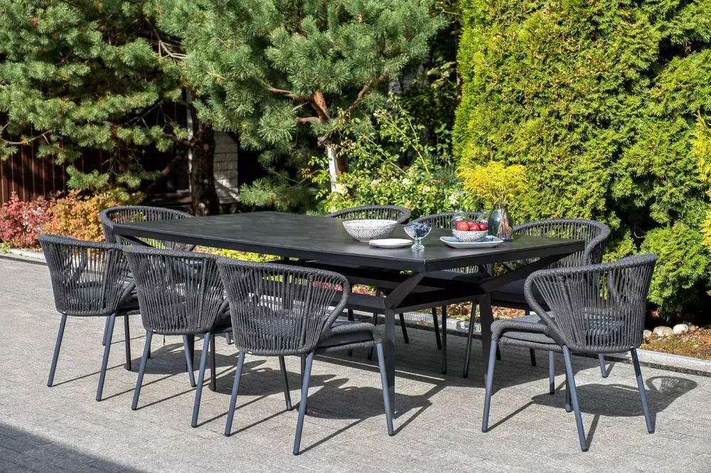 "Милан" стул плетеный из роупа, каркас алюминий темно-серый (RAL7024) муар, роуп темно-серый круглый, ткань темно-серая 027