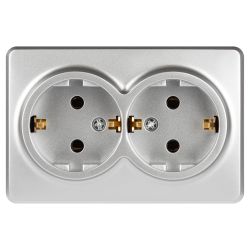 Розетка ЭРА Эксперт 11-2205-03 двойная с заземлением 2х2P+E Schuko IP20 16A-250В ОУ алюминий | Эра Эксперт
