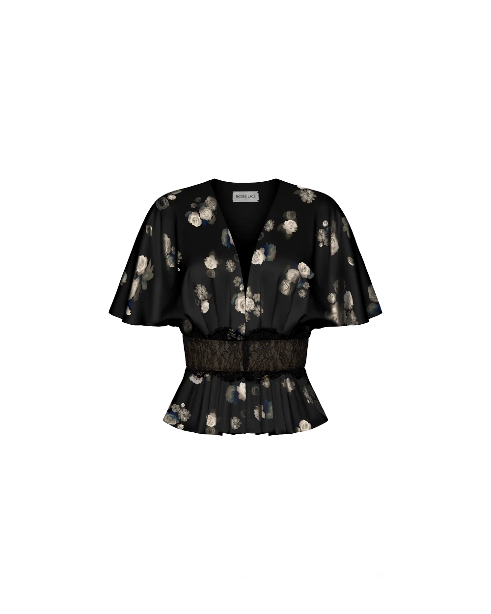 Ясмин (Yasmine), топ из черного атласа с цветочным принтом и отделкой кружевом