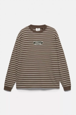 PULL&BEAR Футболка в полоску с длинным рукавом Ford, коричневый