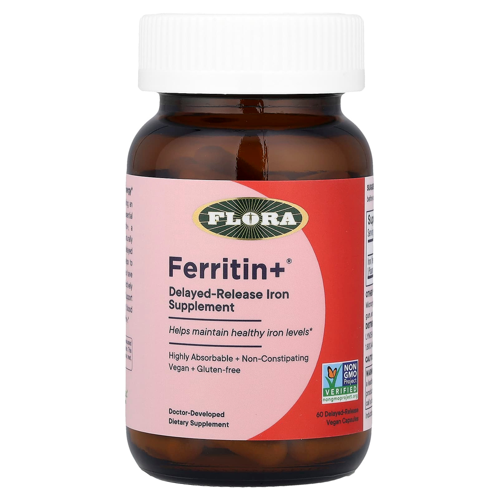 Flora, Ferritin +®, 60 веганских капсул с отсроченным высвобождением (20 мг в 1 капсуле)