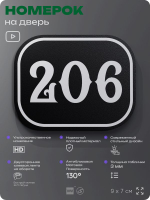 Номерок на дверь квартиры 206, для кабинета, офиса, шильдик 9 х 7 см, черный, Айдентика Технолоджи