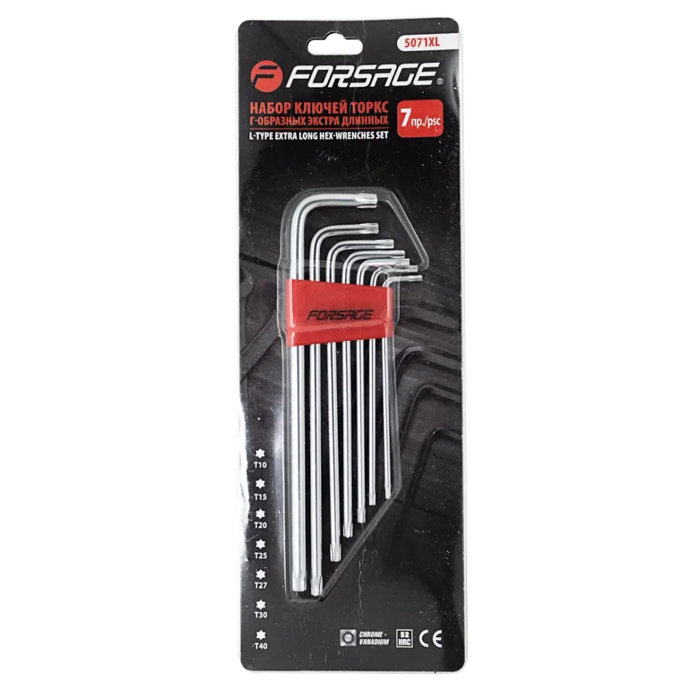 Набор ключей TORX Г-образных экстра длинных 7пр.(Т10,Т15,Т20,Т25,Т27,Т30,Т40) в пластиковом держателе Forsage F-5071XL