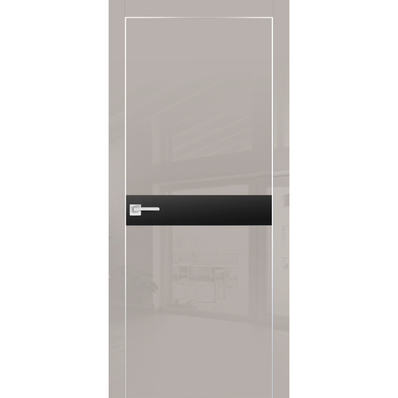Фото межкомнатной двери экошпон Profilo Porte HGX-13 латте глянец с алюминиевой кромкой с 4-х сторон стекло Matelac чёрный