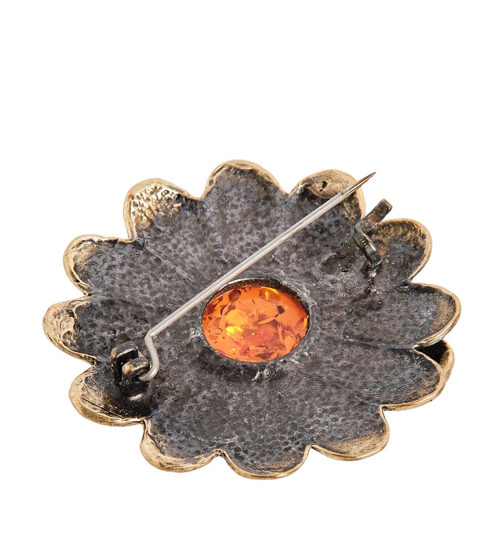 AM-1626 Брошь «Ромашка с божьей коровкой» (латунь, янтарь)