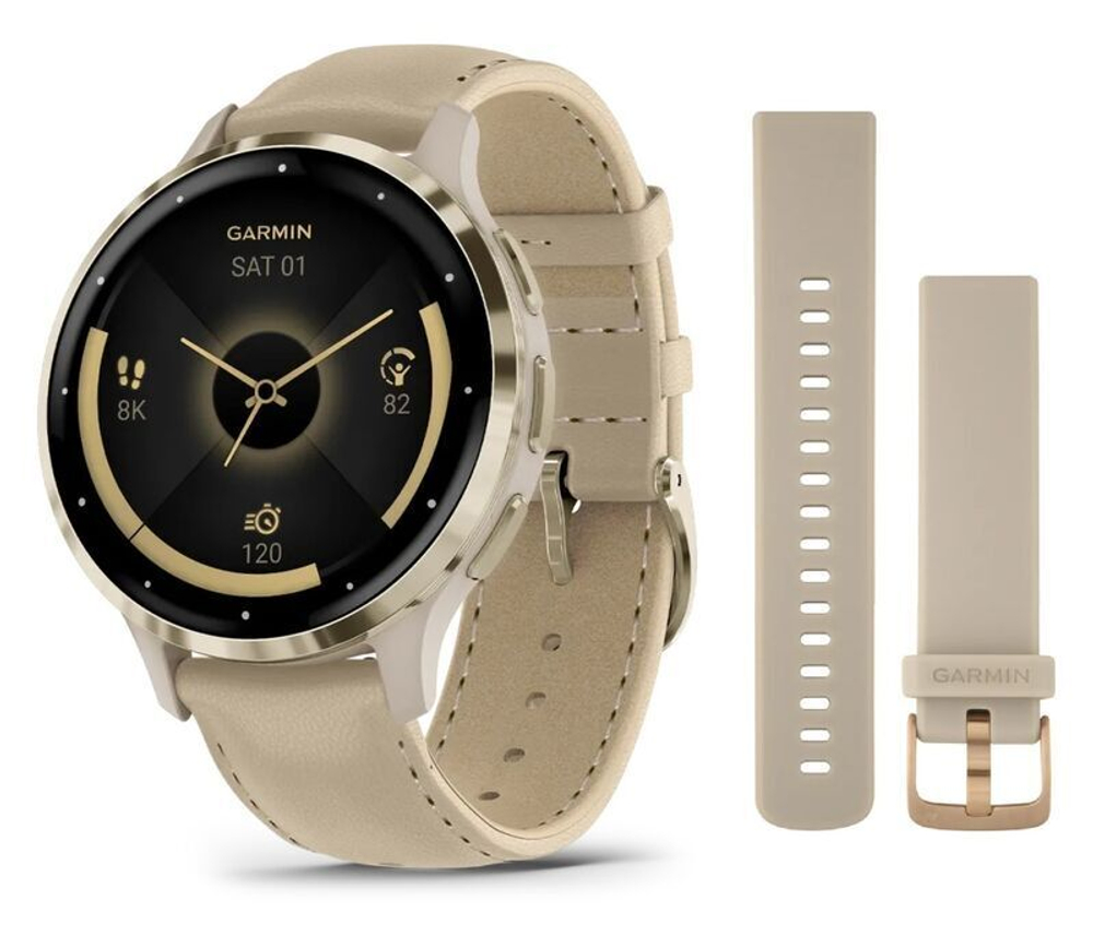 Умные часы Garmin Venu 3S цвета французский серый с кожаным ремешком с золотистым безелем