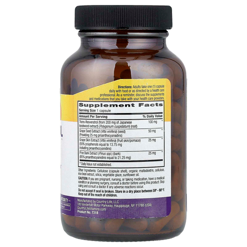 Country Life, Resveratrol Plus, ресвератрол, 120 веганских капсул