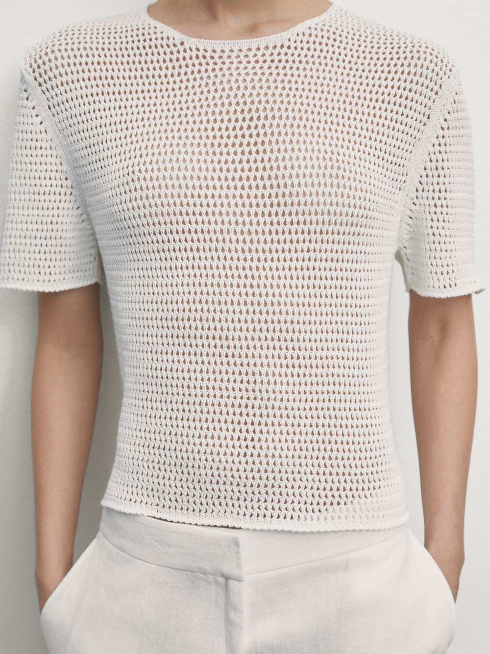 Massimo Dutti Перфорированный свитер с короткими рукавами, натуральный, кремовый