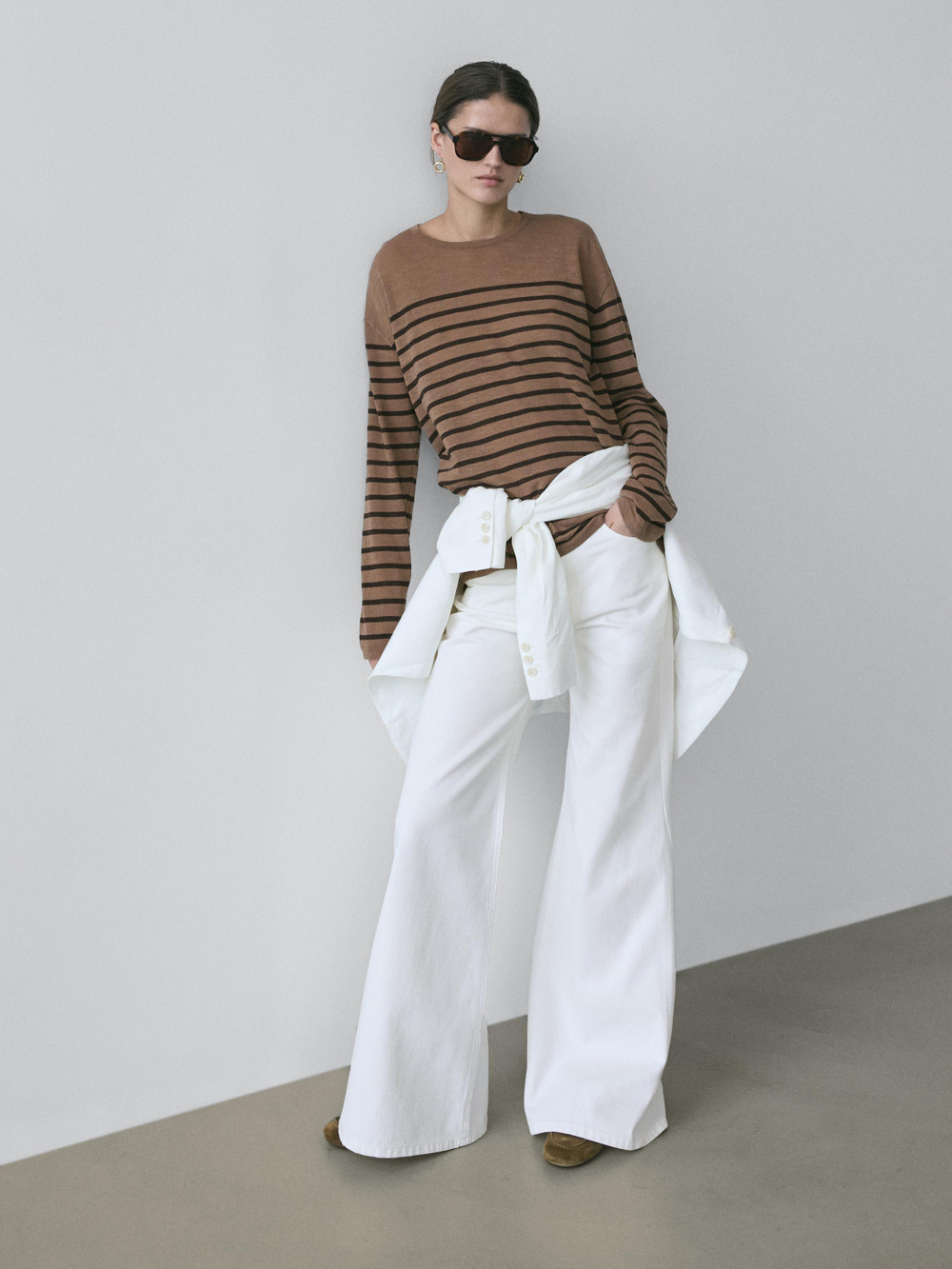 Massimo Dutti Футболка из смесового хлопка в полоску с длинными рукавами, светло-коричневый