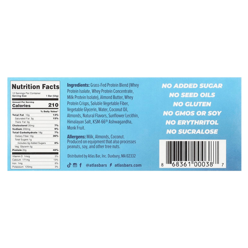 Atlas Bar, сывороточный протеиновый батончик от коров травяного откорма, ваниль и миндаль, 12 батончиков по 54 г (1,9 унции)