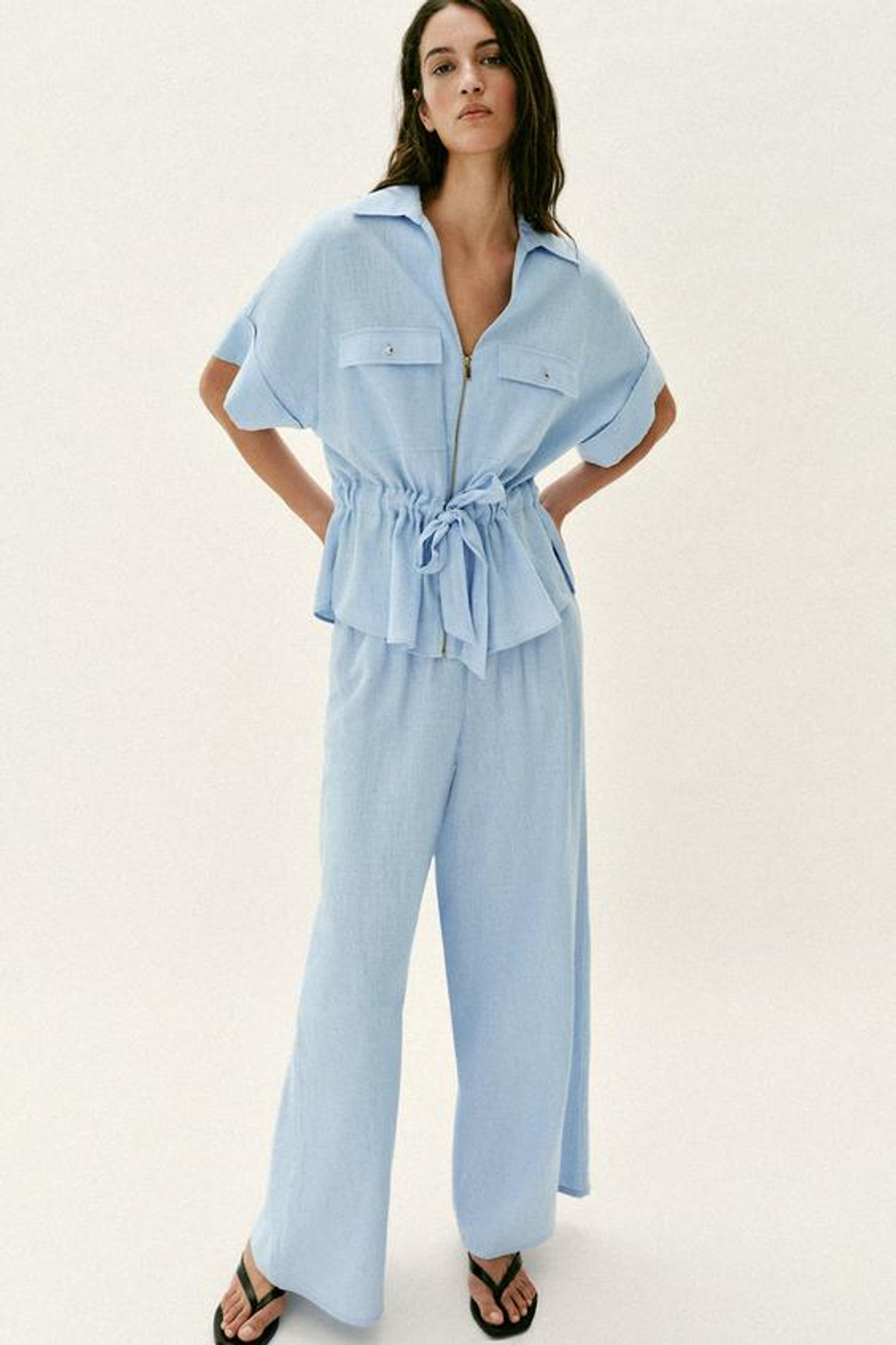 ZARA БРЮКИ ШИРОКОГО КРОЯ ИЗ ЛЬНА, ГОЛУБОЙ