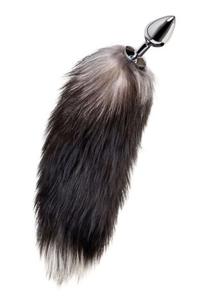 Серебристая металлическая анальная втулка с хвостом чернобурой лисы - размер M (Цвет: серебристый)