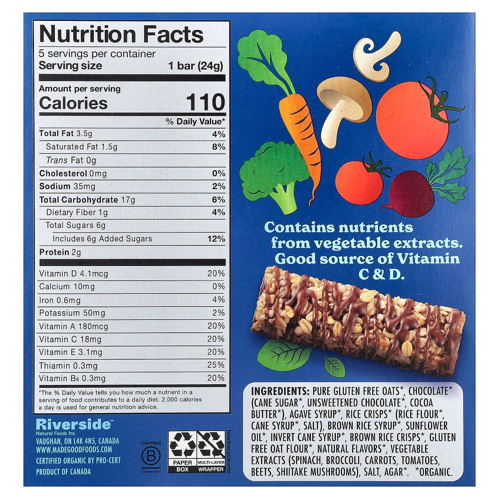 MadeGood, Батончики мюсли, с шоколадом, ваниль, 5 батончиков, 24 г (0,85 унции)