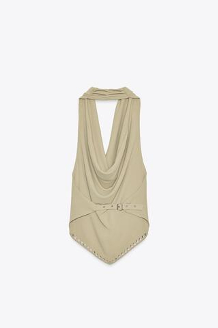 ZARA ТОП С ГОРЛОВИНОЙ ХАЛТЕР И ЗАКЛЕПКАМИ, ЗЕЛЕНЫЙ/СЕРЫЙ