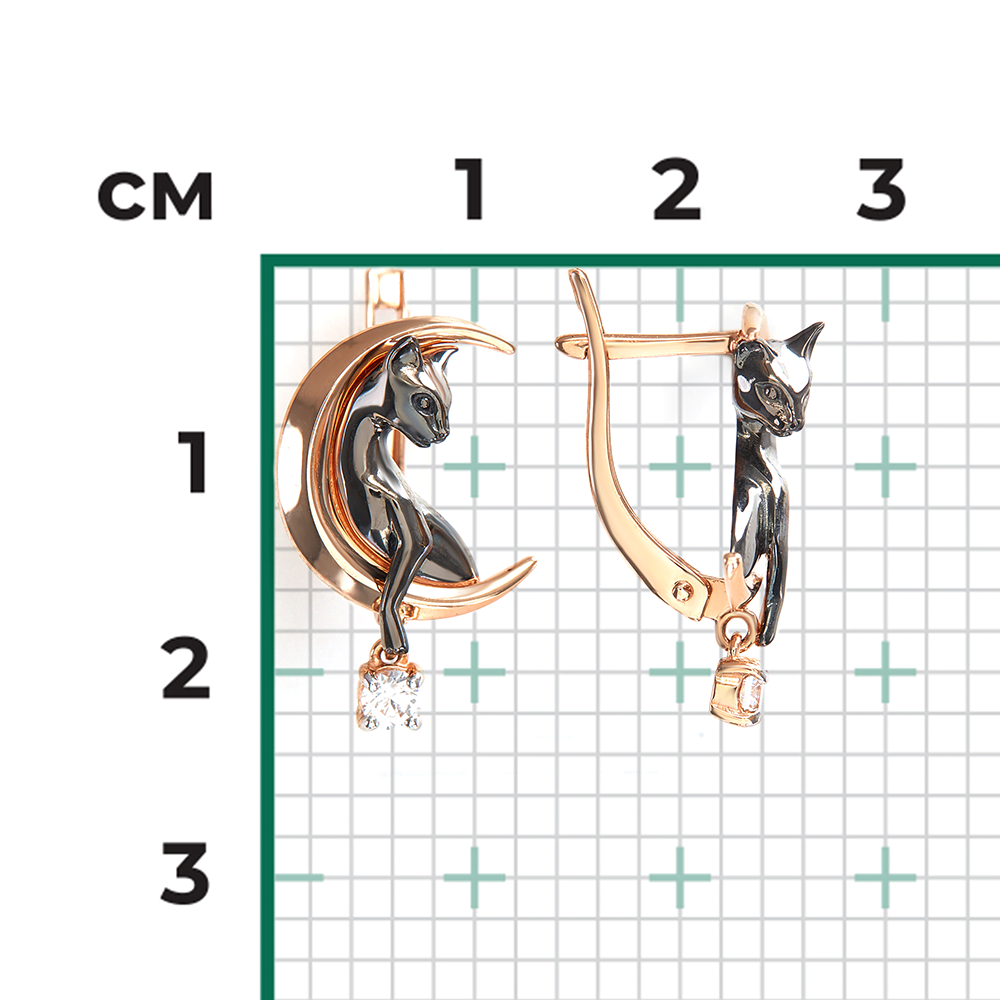 Серьги «Лунные кошки» с английским замком из красного золота с фианитом