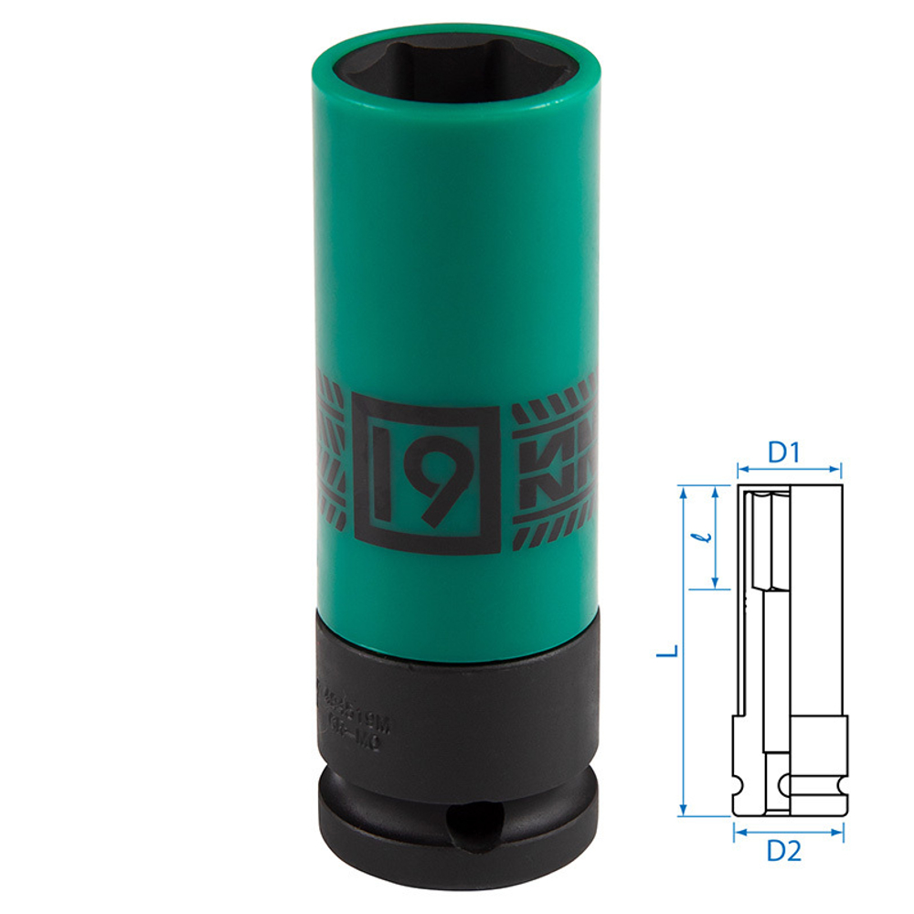 KING TONY (494519M) Головка торцевая ударная глубокая 1/2", 19 мм, тонкостенная, пластиковая защита