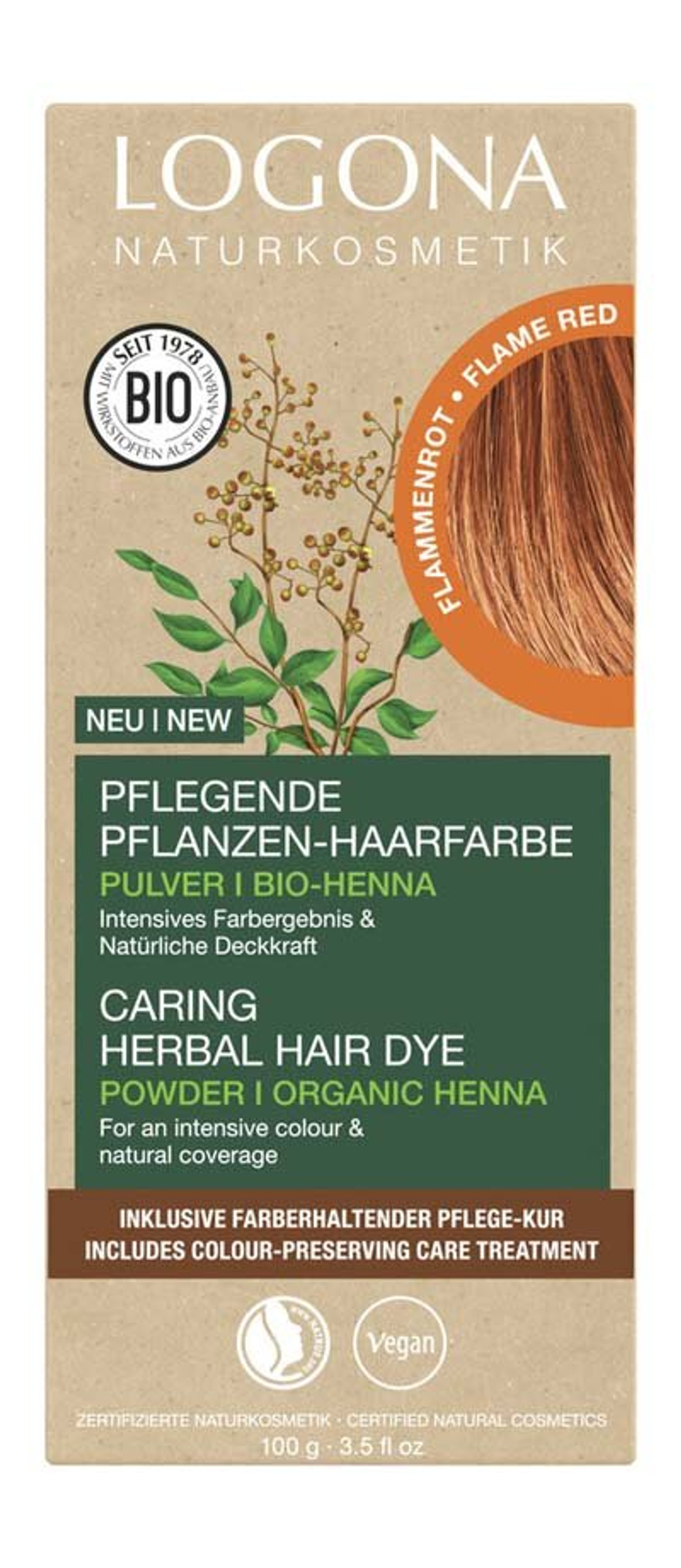 Краска для волос Logona, порошок, огненно-красный, 100 гр