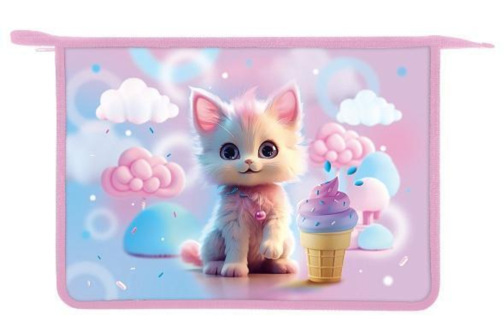 Папка для тетрадей А4ф пластиковая на молнии "Кошка Зефирка" (Хатбер)