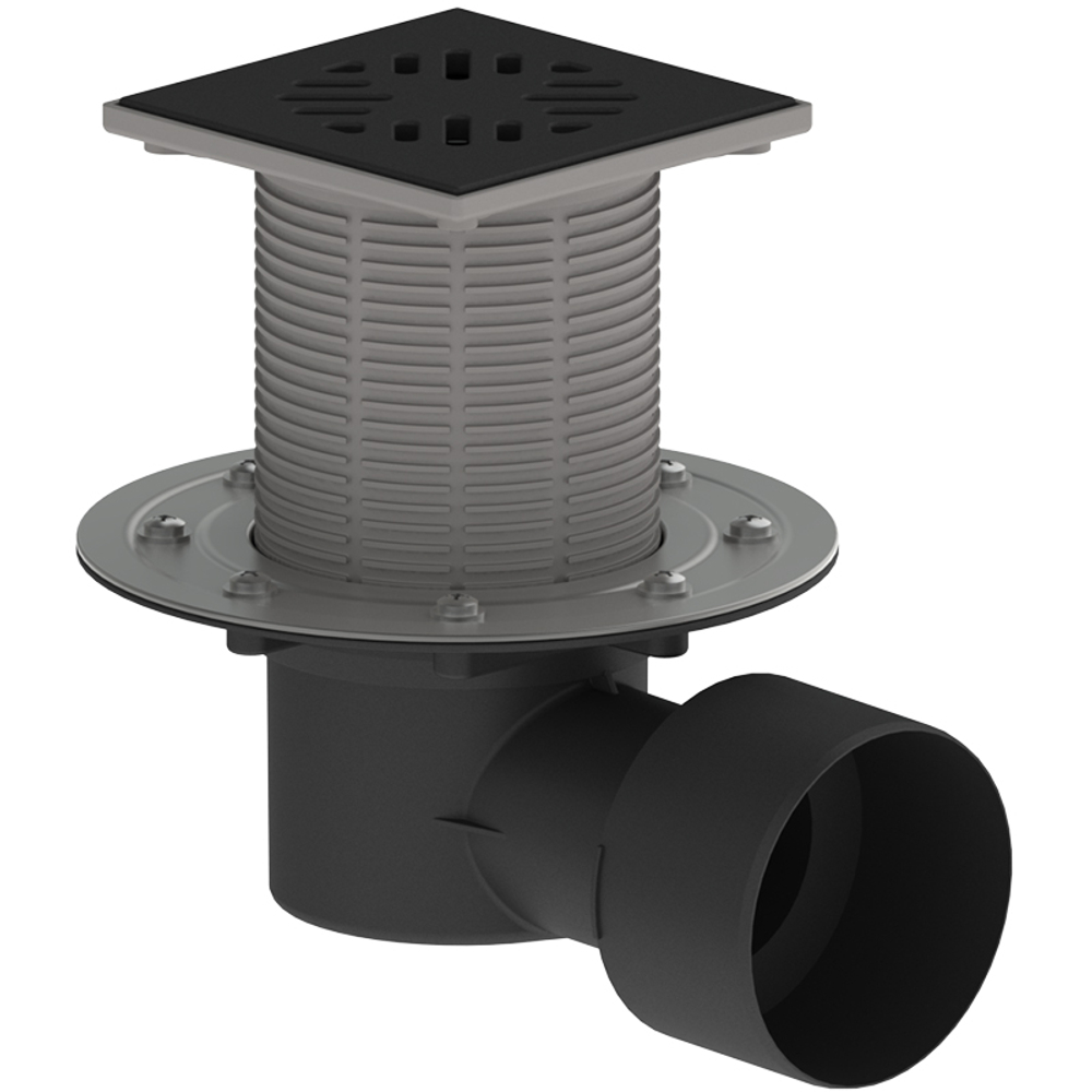 ТП-5100.1PN Трап горизонтальный регулируемый с выпуском 75/110, с прижимным фланцем, с незамерзающим затвором и чугунной решеткой