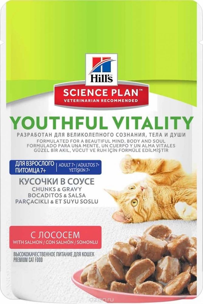 Влажный корм Hill's Science Plan Youthful Vitality для кошек старше 7 лет с лососем, пауч 85г Влажный корм Hill's Science Plan Youthful Vitality для кошек старше 7 лет с лососем, пауч 85г