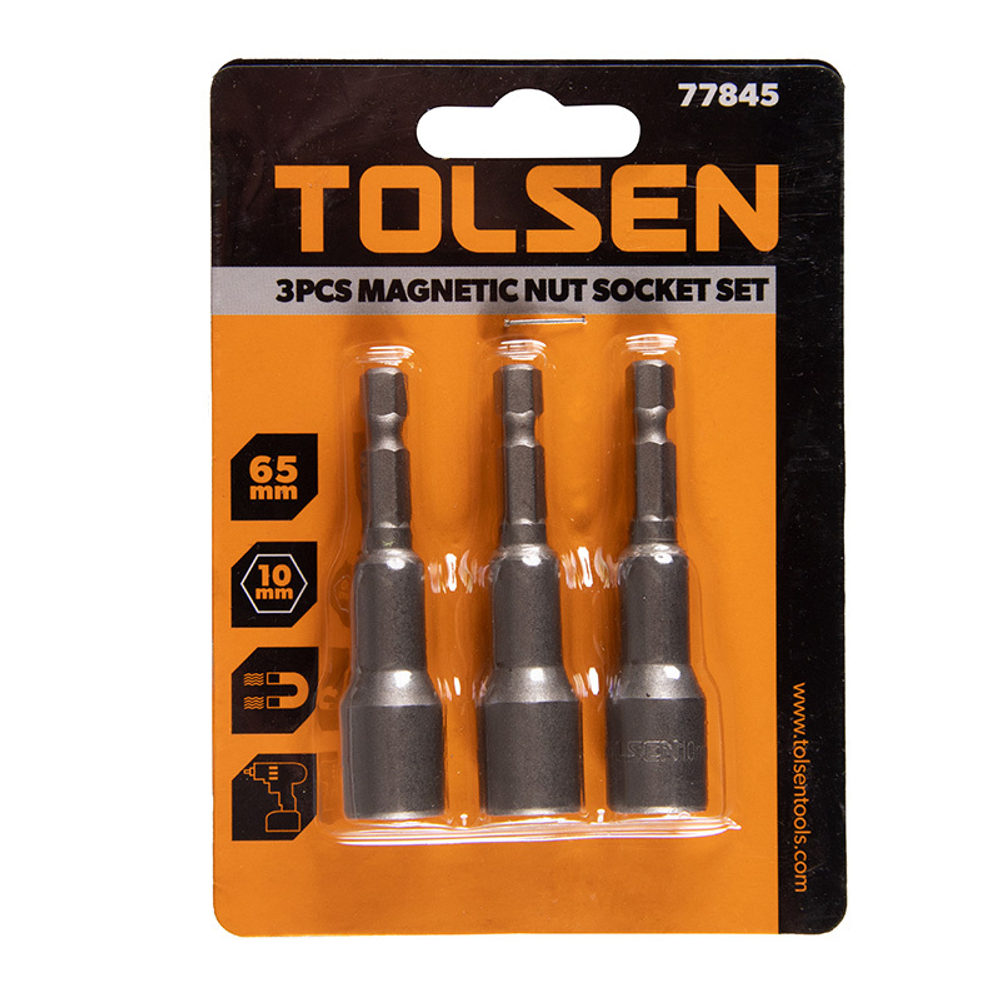 TOLSEN (TT77845) Набор головок для шуруповерта шестигранных 1/4", 10 мм, 65 мм, магнитных, 3 предмета