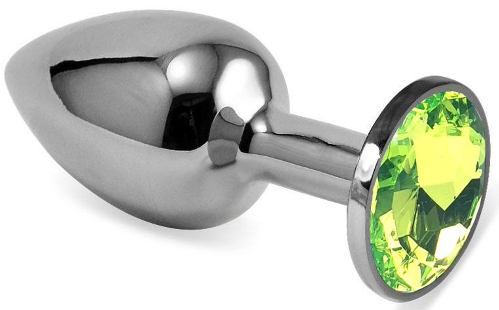 Серебристая гладкая анальная пробка с салатовым кристаллом - 5,5 см. (Цвет: салатовый)