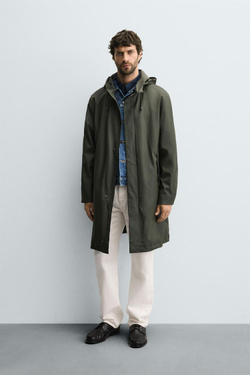 ZARA ПРОРЕЗИНЕННАЯ ПАРКА С КАПЮШОНОМ, ТЕМНЫЙ ХАКИ