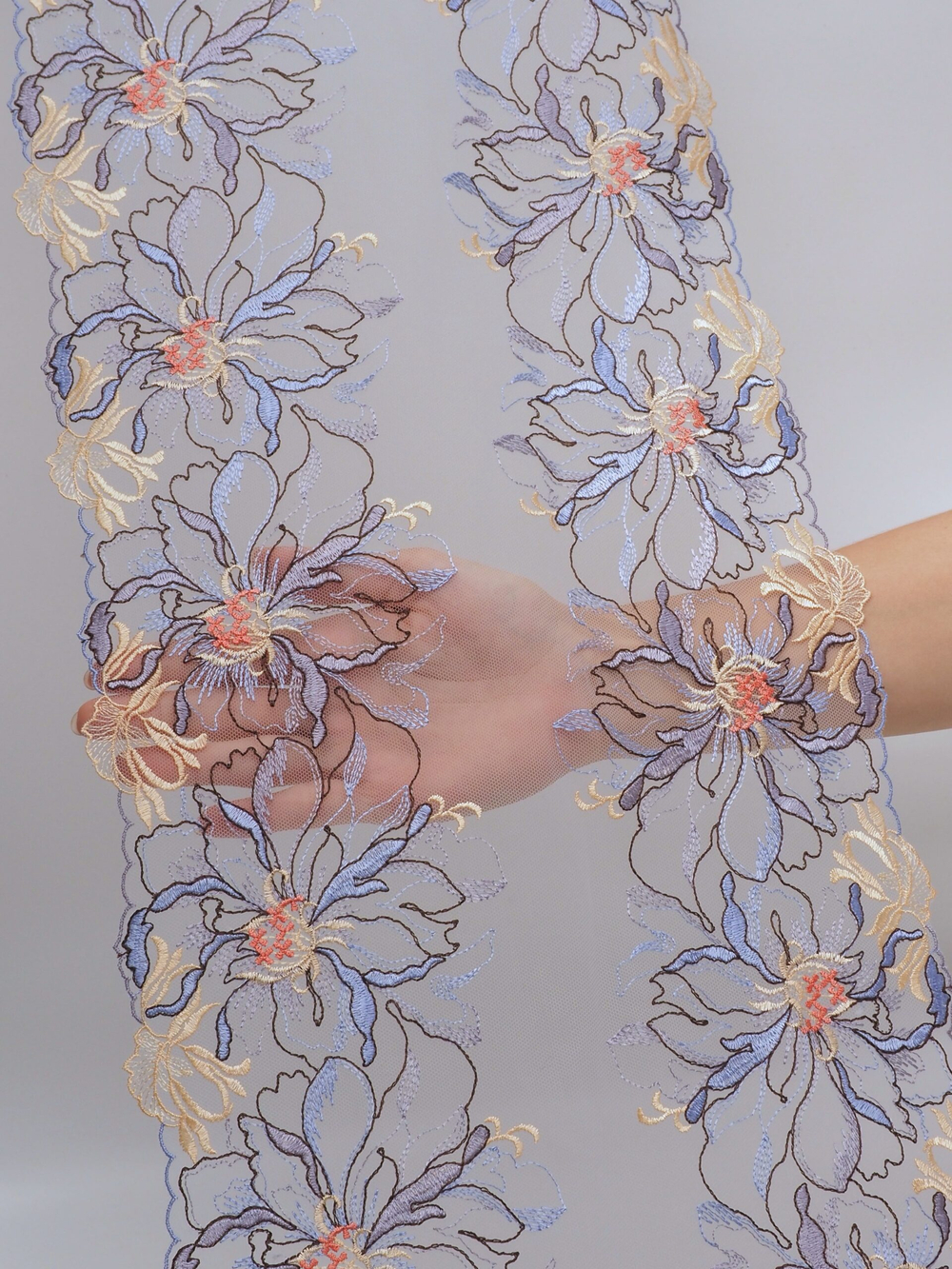 Кружево вышивка на сетке цвет мультиколор (исландский голубой, светло-желтый, оранжевый, шоколад) неэластичная ширина 27 см