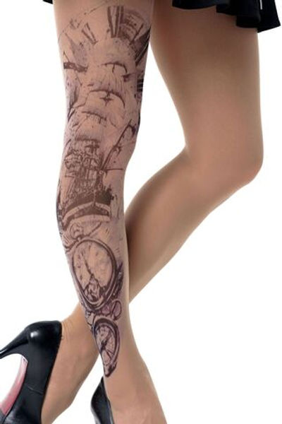 Колготки +size с рисунком-тату на морскую тематику (Размер: XL-XXL-XXXL) (Цвет: бежевый)