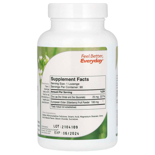 Zahler, леденцы с цинком, биоактивный цинк и бузина, бузина, 90 леденцов