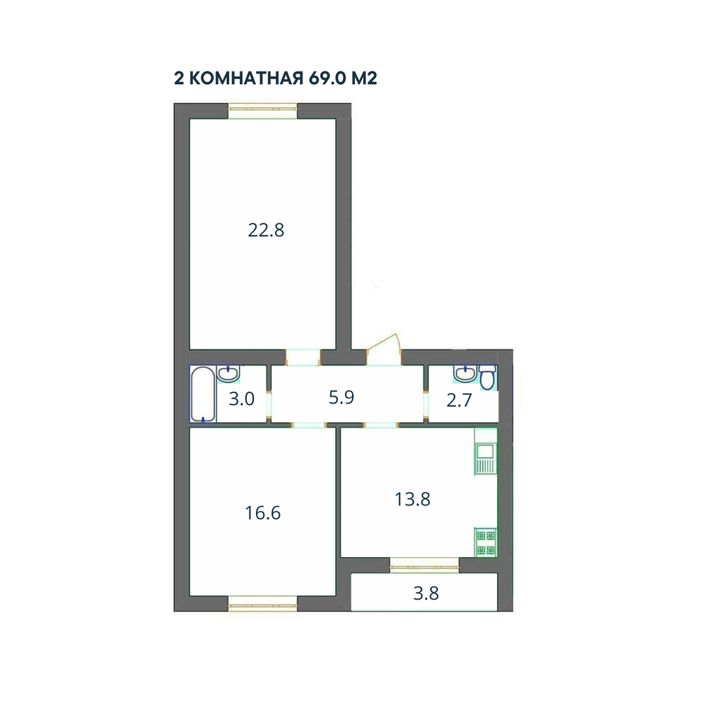 2-комн. квартира, 69 м², 2/3 этаж