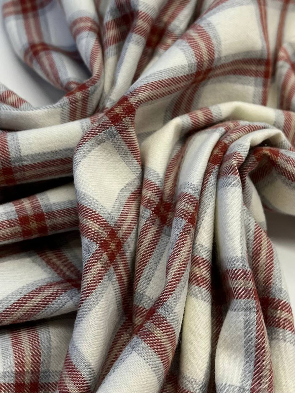 Хлопок фланель белый в серо-коричневую клетку