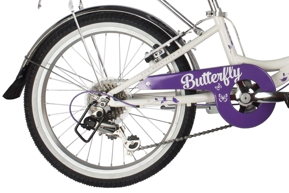 Велосипед Novatrack 20" BUTTERFLY, белый фиолетовый, алюм.6ск.TY21/RS35/SG-6SI, V-brake, багажник