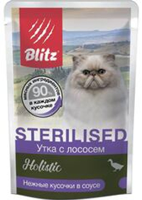 Blitz 85г пауч Holistic Влажный корм для стерилизованных кошек Утка с лососем (соус)
