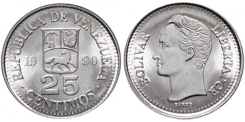 Венесуэла 25 сентимо, 1989 - 1990 Симон Боливар XF