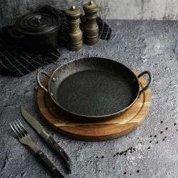 Сковорода для подачи 22 см h3,3 см круглая 2 ручки " " углерод. сталь ИНДУКЦИЯ P.L.