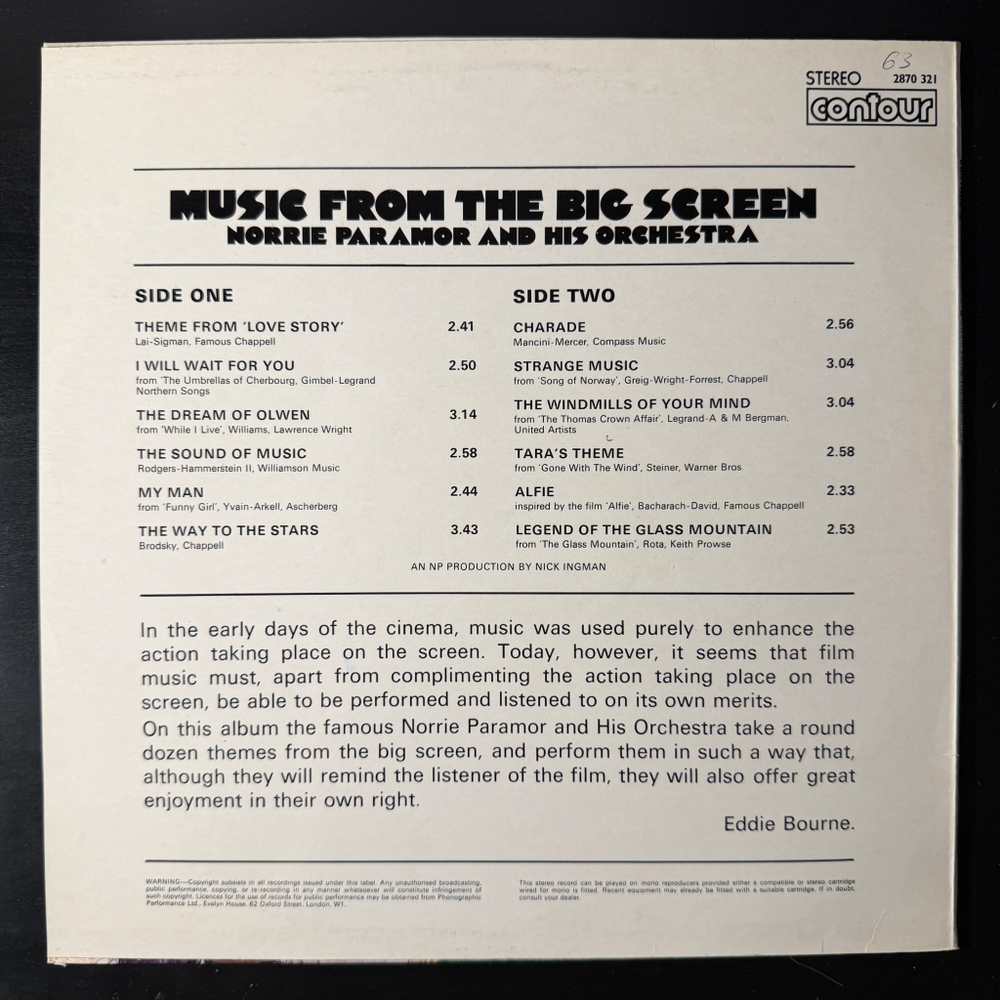 Norrie Paramor And His Orchestra ‎– Music From The Big Screen (Англия 1971г.)