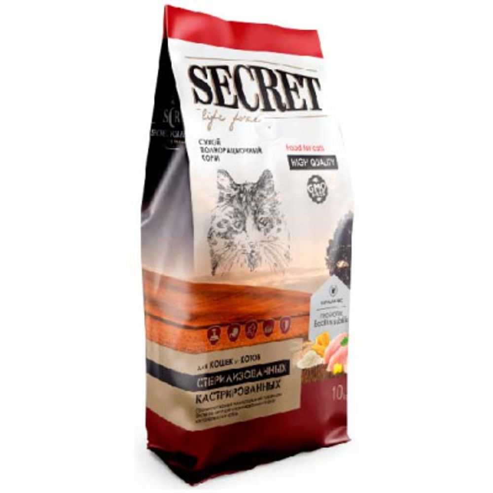 Сухой корм Secret Premium для стерилизованных кошек и кастрированных котов курица и рис 10 кг
