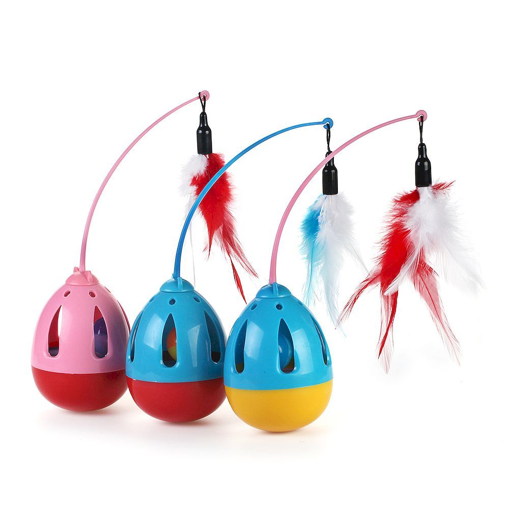 Игрушка-неваляшка для кошек, с пером "Чистый котик" желтый 8см пластик, перо