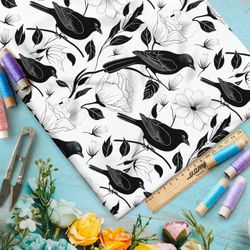 Ткань премиум таффета темные соловьи на белом