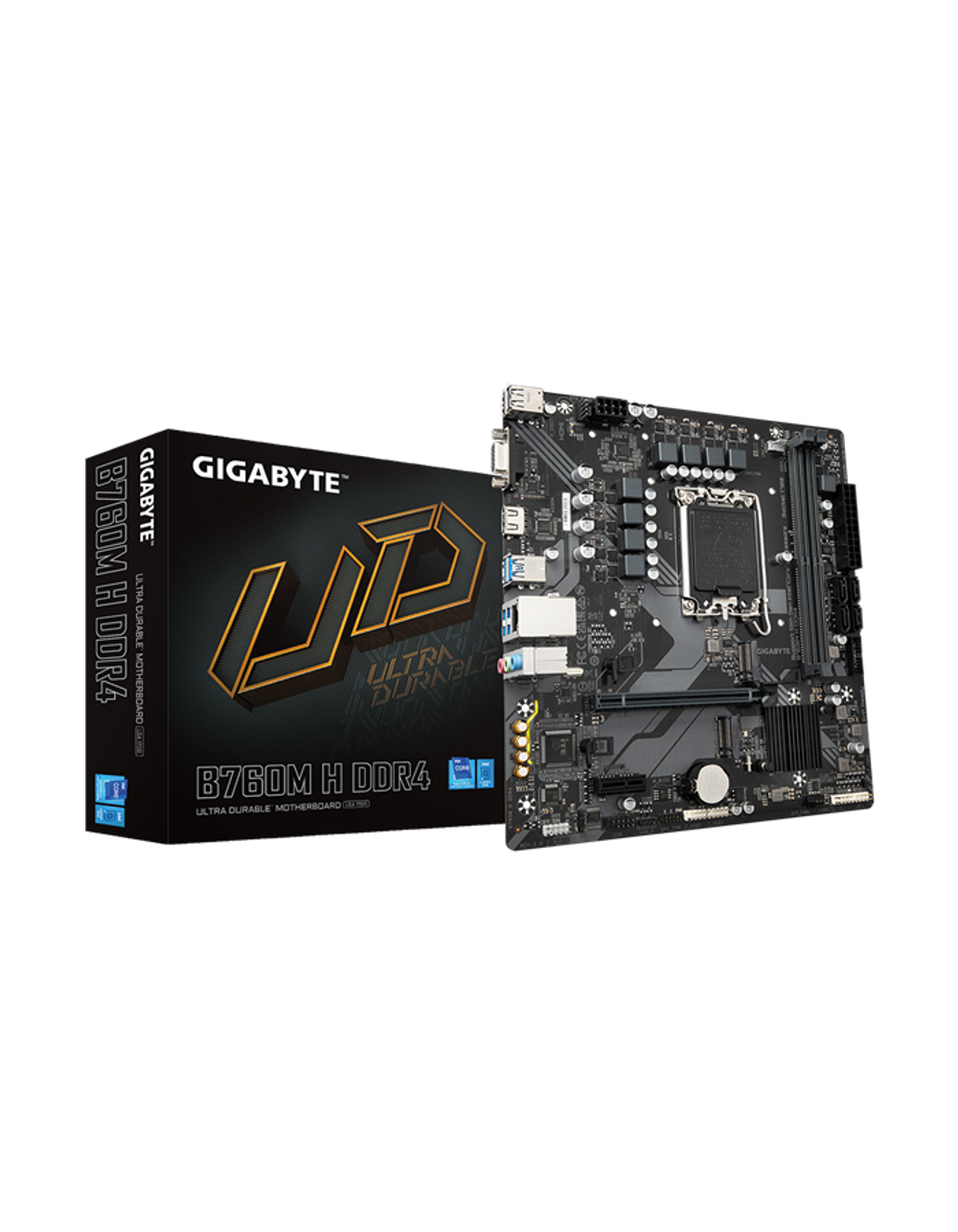 Материнская плата GIGABYTE B760M H DDR4, LGA1700, B760, 2*DDR4, 4*SATA, 2*M.2, 4*USB 3.2, 2*USB 2.0, 1*PCIx16, 2*PCIx1, D-Sub+HDMI, mATX