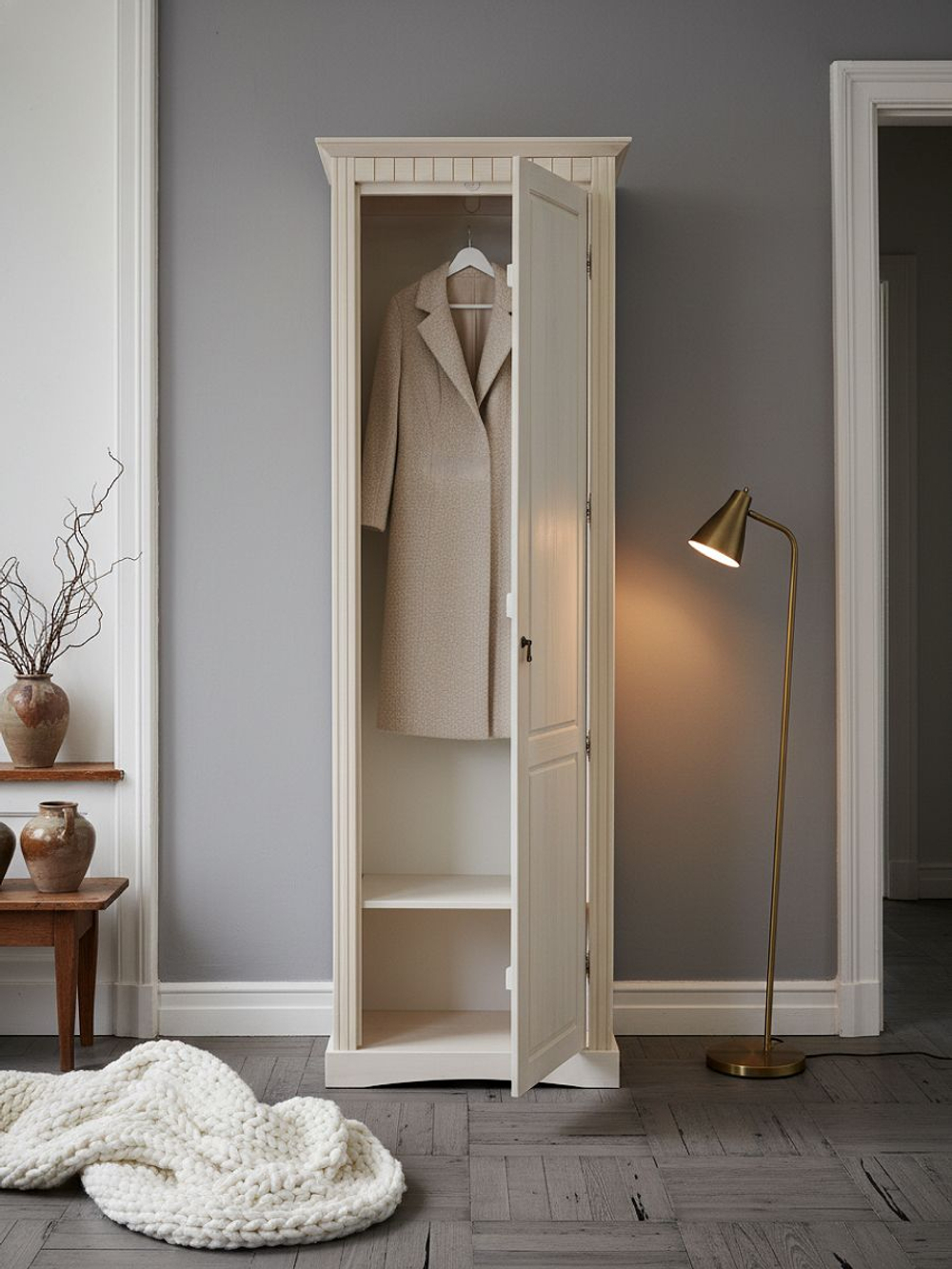 Шкаф 58х41х179, Неаполь, распашной для одежды, в прихожую, спальню, массив сосны, белый, Dipriz